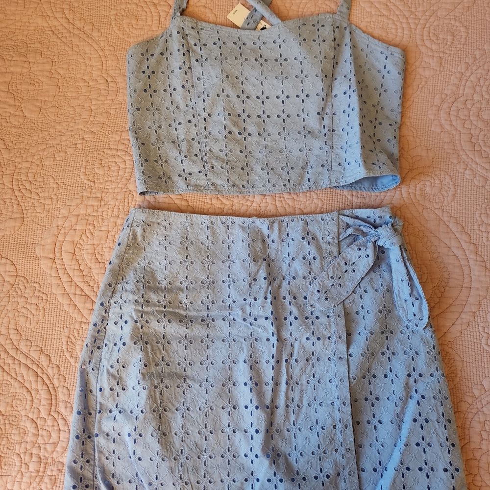 Square neck tank + mini skirt knit eyelet matching set